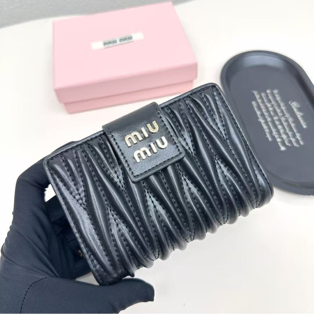 Miu Miu Matelassé Black Nappa Leather Compact Flap Wallet Gold Logo